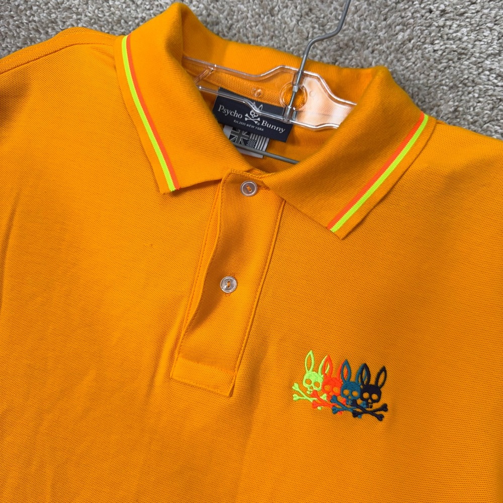Psycho Bunny Polo Men 5 B6K964U1PC Orange Multi Logo Pima Cotton EUC
